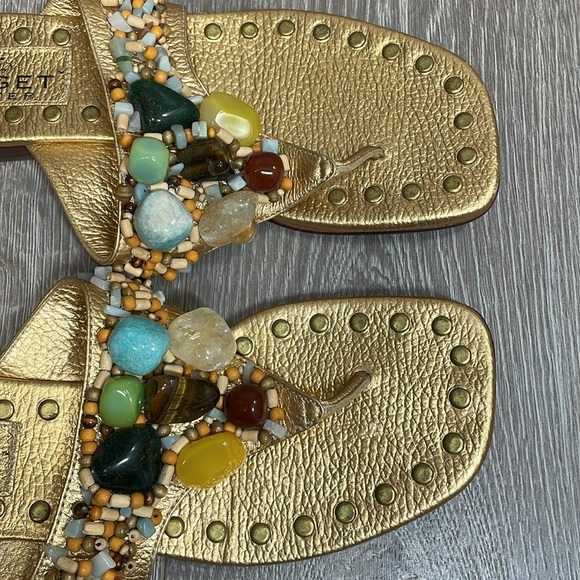 Bridget Shuster Gold Leather Thong Slip On Sandals Beaded Natural Stones 6.5 - Picture 8 of 15